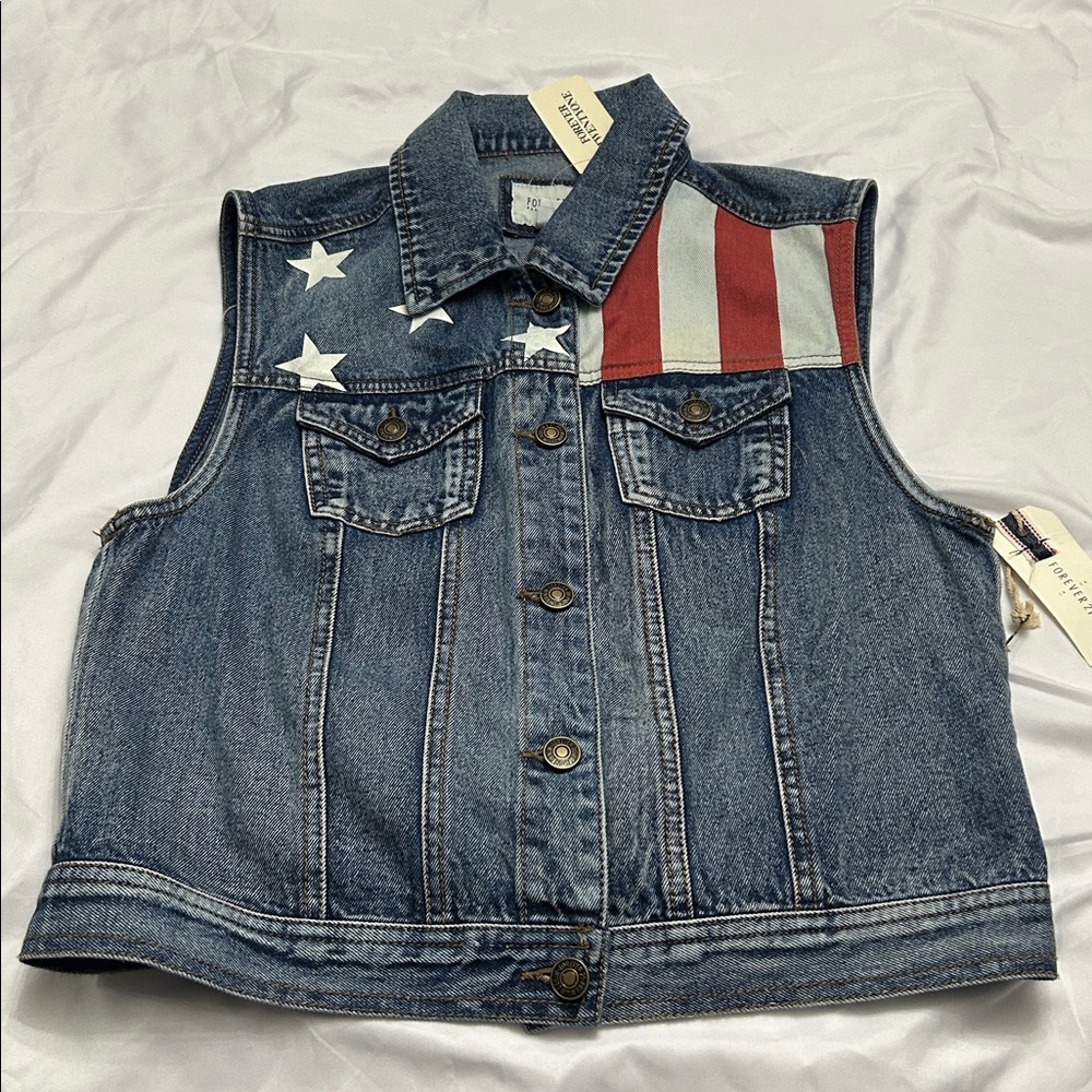 Forever 21 Blue Denim Vest with Flag Accents